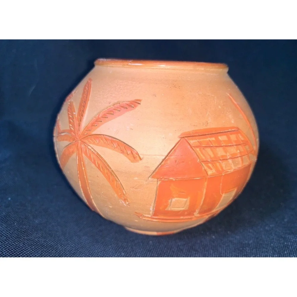 Hand Carved Terra Cotta Sgraffito Bud Vase Tropical Folk Art Bird Fish 3 inch
